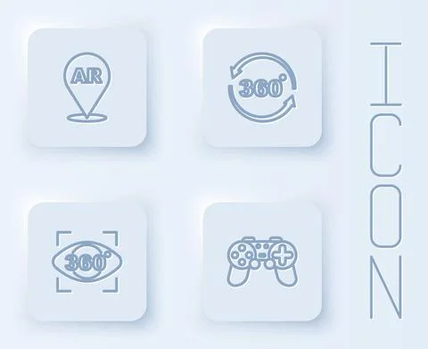 Set line Augmented reality AR, 360 degree view, and Gamepad. White square button Stock Illustration