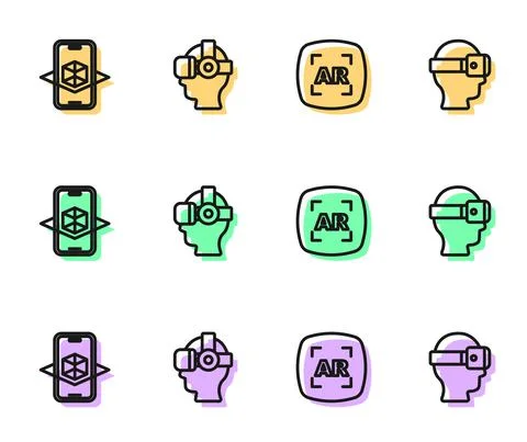 Set line Augmented reality AR, 3d modeling, Virtual glasses and icon. Vector Stock Illustration