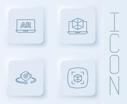 Set line Augmented reality AR, 3d modeling, 360 degree view and . White square Stock Illustration