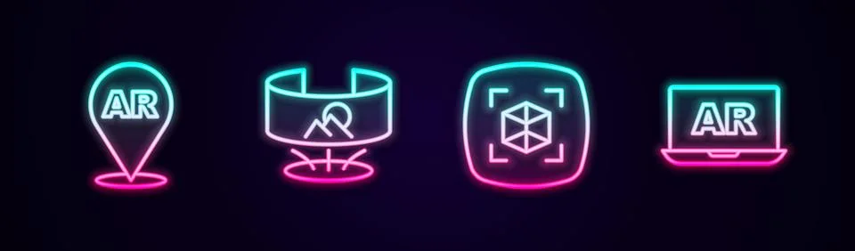 Set line Augmented reality AR, 360 degree view, 3d modeling and . Glowing neon Stock Illustration