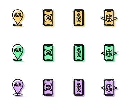 Set line Augmented reality AR, 3d modeling and icon. Vector Illustrazione stock