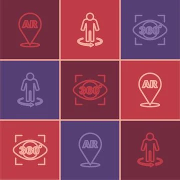 Set line Augmented reality AR, 360 degree view and 3d modeling icon. Vector Illustrazione stock