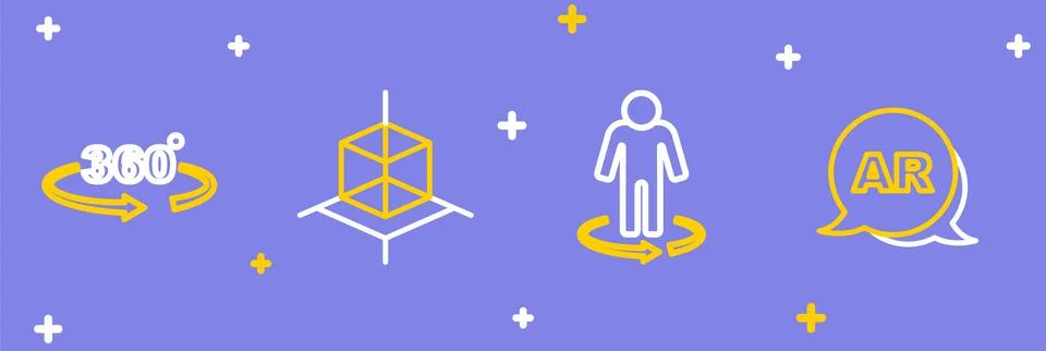 Set line Augmented reality AR, 3d modeling, and 360 degree view icon. Vector Stock Illustration