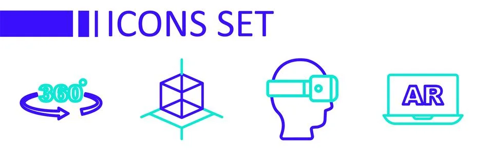 Set line Augmented reality AR, Virtual glasses, 3d modeling and 360 degree .. Illustrazione stock
