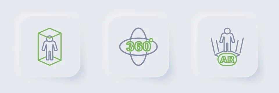 Set line Augmented reality AR, 360 degree view and 3d modeling icon. Vector Stock Illustration
