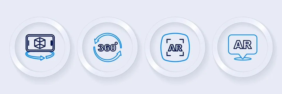 Set line Augmented reality AR, 360 degree view and 3d modeling icon. Vector Stock Illustration