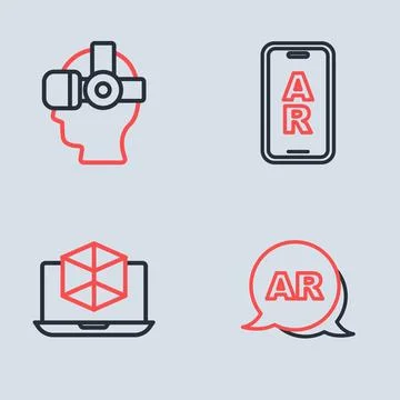 Set line Augmented reality AR, 3d modeling, and Virtual glasses icon. Vector Illustrazione stock