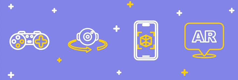 Set line Augmented reality AR, 3d modeling, 360 degree view and Gamepad ico.. Stock Illustration