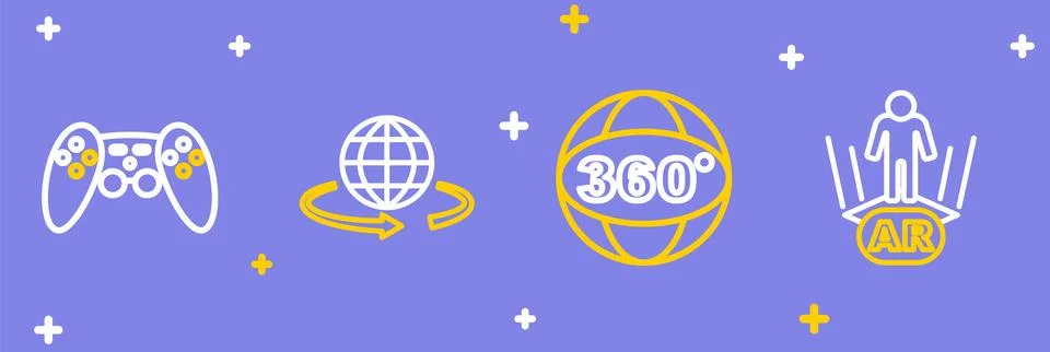 Set line Augmented reality AR, 360 degree view, 3d modeling and Gamepad ico.. Illustrazione stock