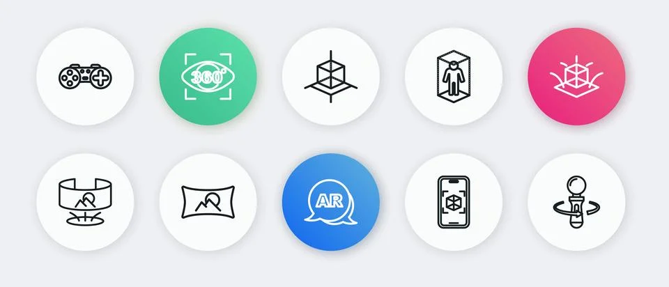 Set line Augmented reality AR, 3d modeling, 360 degree view, VR controller .. Stock Illustration