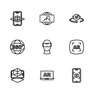 Set line Augmented reality AR, 3d modeling, Virtual glasses, 360 degree vie.. Stock Illustration