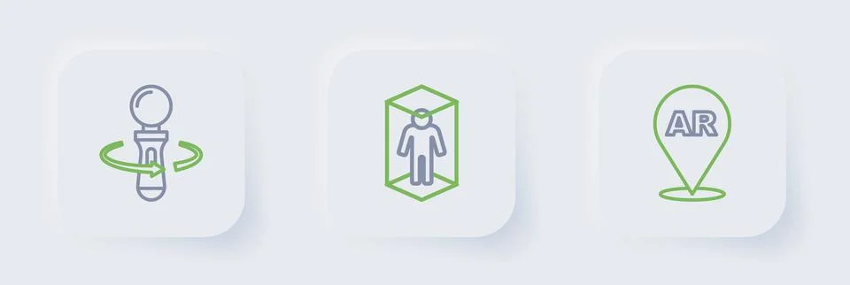 Set line Augmented reality AR, 3d modeling and VR controller game icon. Vecto Illustrazione stock