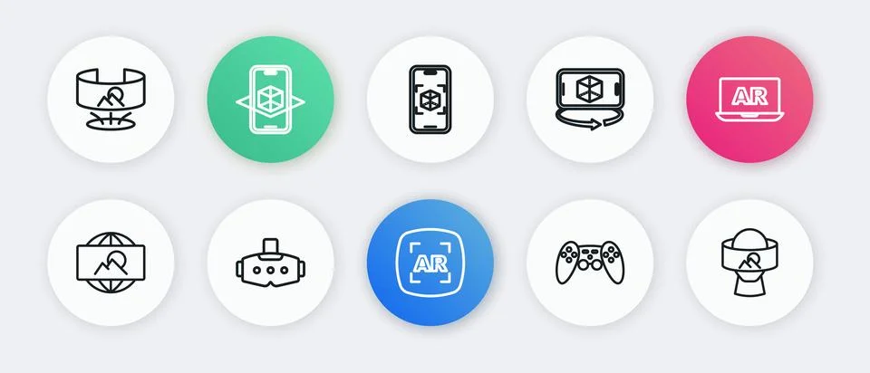 Set line Augmented reality AR, Wide angle picture, Gamepad, 3d modeling, Vi.. Stock Illustration