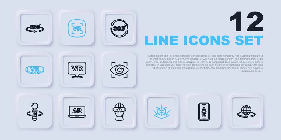 Set line Augmented reality AR, 3d modeling, Virtual, glasses,  and  icon. V.. Stock Illustration