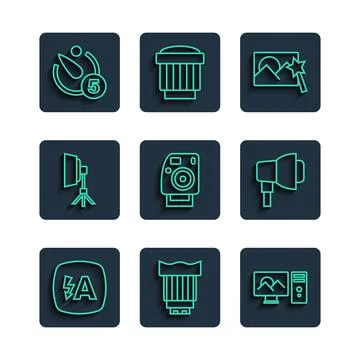 Set line Auto flash, Camera photo lens, Photo retouching, camera, Softbox l.. Stock Illustration