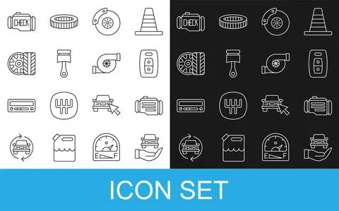Set line Auto service check automotive, Check engine, Car key with remote, brake Stock Illustration