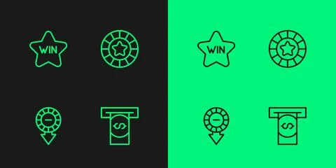 Set line Automated teller machine and money, Casino chips, win and  icon. V.. Illustrazione stock
