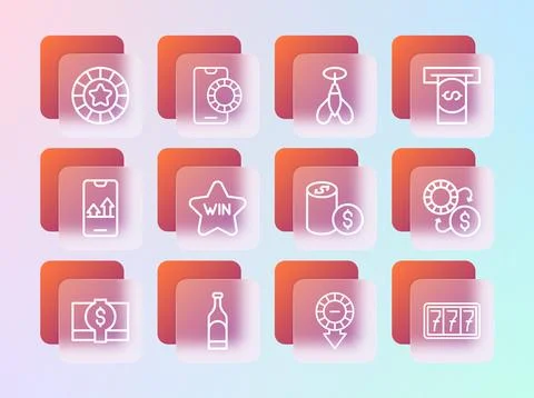 Set line Automated teller machine and money, Bottle of wine, Casino chip wi.. Stock Illustration