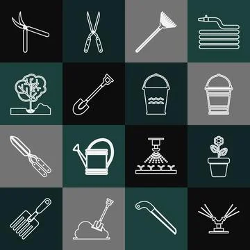 Set line Automatic irrigation sprinklers, Flower pot, Bucket, Garden rake for Illustration