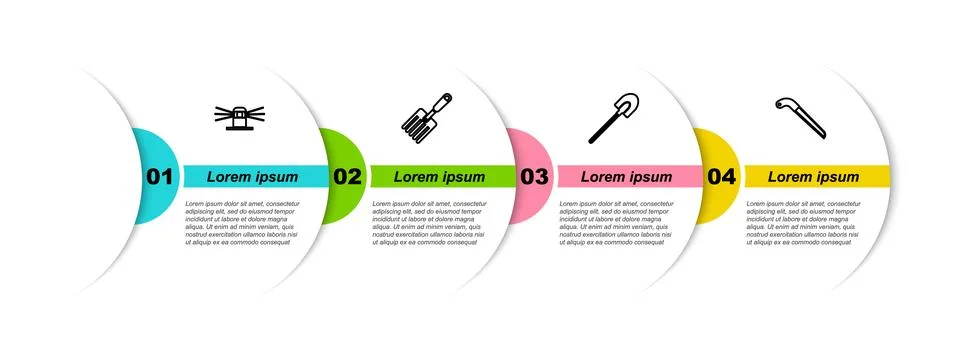 Set line Automatic irrigation sprinklers, Garden fork, shovel and saw. Busine Ilustração Stock