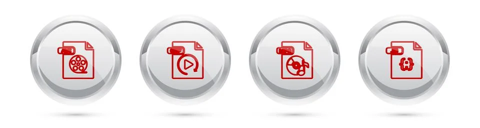 Set line AVI file document, GIF, MP3 and JS. Silver circle button. Vector Stock Illustration