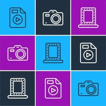 Set line AVI file document, Makeup mirror with lights and Photo camera icon Stock Illustration