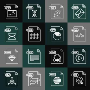 Set line AVI file document, GIF, HTML, AI, PNG, EML, JPG and PPT icon. Vector Stock Illustration