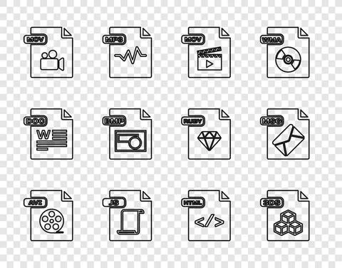 Set line AVI file document, 3DS, MOV, JS, BMP, HTML and MSG icon. Vector 스톡 일러스트