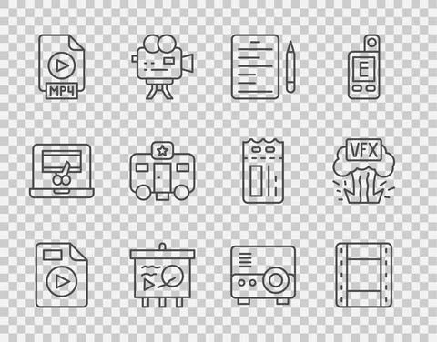 Set line AVI file document, Play Video, Scenario, on chalkboard, MP4, Actor Stock Illustration