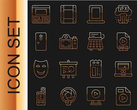 Set line AVI file document, Video recorder on laptop, MP4, Makeup mirror with Stock Illustration