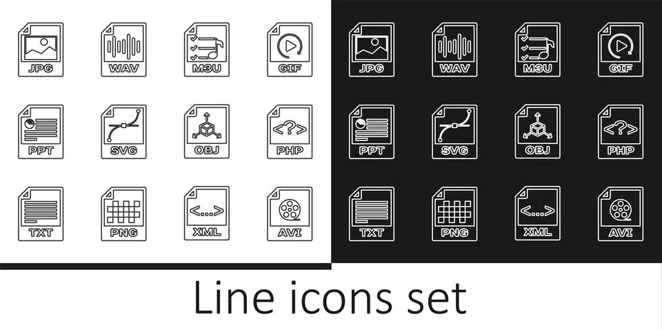 Set line AVI file document, PHP, M3U, SVG, PPT, JPG, OBJ and WAV icon. Vector Illustrazione stock