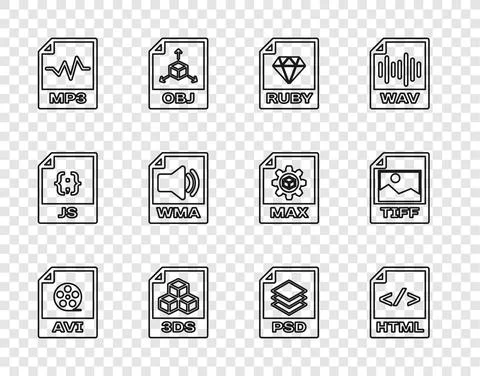 Set line AVI file document, HTML, RUBY, 3DS, MP3, WMA, PSD and TIFF icon. Vector Illustrazione stock
