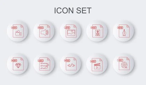 Set line AVI file document, RUBY, JPG, MOV, WMA, M3U and HTML icon. Vector 스톡 일러스트