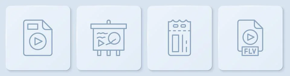 Set line AVI file document, Cinema ticket, Scenario on chalkboard and FLV. White Stock Illustration