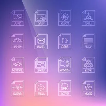 Set line AVI file document, 3DS, TXT, MAX, EML, PHP, JPG and CSS icon. Vector イラスト素材