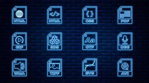 Set line AVI file document, OGG, CSS, 3DS, GIF, HTML, OTF and icon. Vector 스톡 일러스트