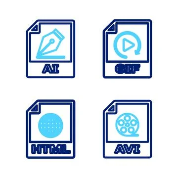 Set line AVI file document, HTML, GIF and AI icon. Vector Stock Illustration