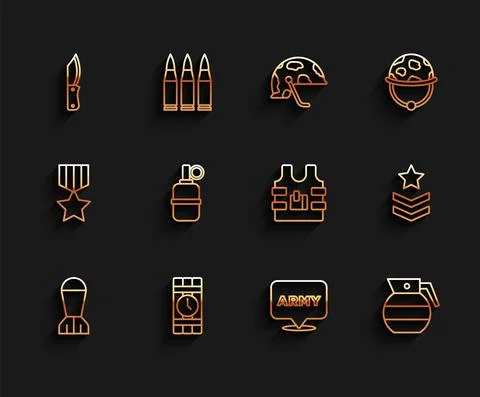 Set line Aviation bomb, Dynamite and timer clock, Military knife, army, Hand Stock Illustration