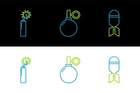 Set line Aviation bomb, Dynamite stick clock and Hand grenade icon. Vector Stock Illustration