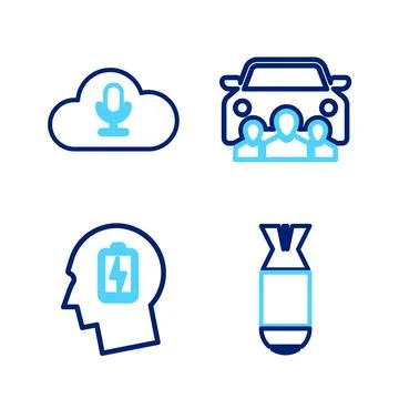 Set line Aviation bomb, Head with low battery, Car sharing and Music stream.. 스톡 일러스트