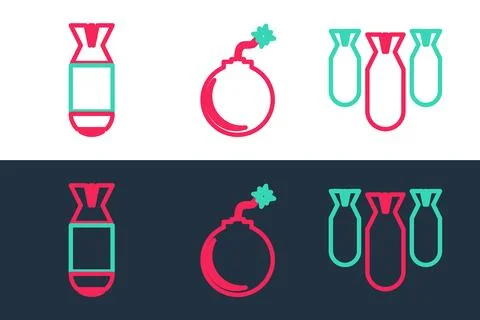Set line Aviation bombs, and Bomb ready to explode icon. Vector イラスト素材