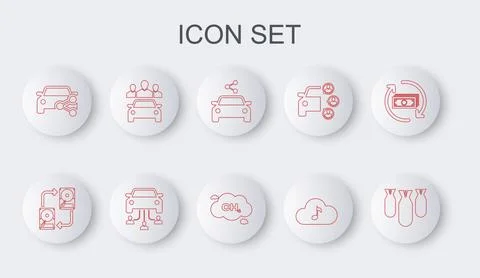 Set line Aviation bombs, Data exchange with hhd, Car sharing, Music streaming Ilustración de archivo