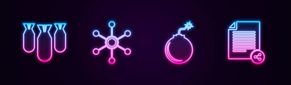 Set line Aviation bombs, Network, Bomb ready to explode and Share file. Glowing イラスト素材