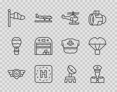 Set line Aviation emblem, Pilot, Helicopter, landing pad, Cone meteorology 스톡 일러스트