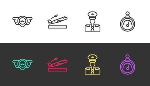 Set line Aviation emblem, Plane takeoff, Pilot and Barometer on black and white Stock Illustration
