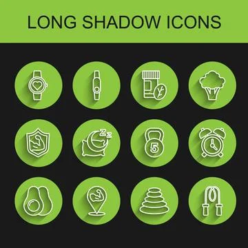 Set line Avocado fruit, Bodybuilder muscle, Smart watch, Stack hot stones, Jump Stock Illustration