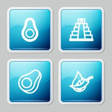 Set line Avocado fruit, Chichen Itza in Mayan,  and Hot chili pepper pod icon 库存插图