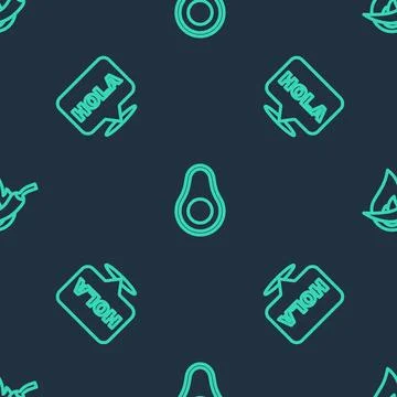 Set line Avocado fruit, Hola and Hot chili pepper pod on seamless pattern. .. Stock Illustration