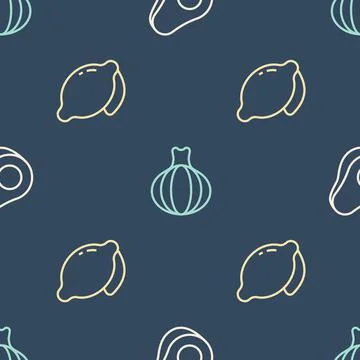 Set line Avocado fruit, Lemon and Onion on seamless pattern. Vector Illustrazione stock