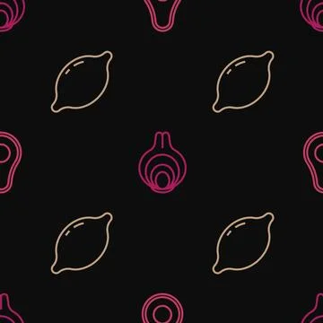 Set line Avocado fruit, Lemon and Onion on seamless pattern. Vector 스톡 일러스트